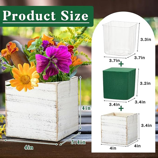 Dandat 4 Sets Wooden Cube Planter Boxes for Centerpiece 4 Inch Flower White Wood Rustic Square Vase with Removable Plastic Liner Floral Foam Block for Garden Wedding Home Arrangement Decor