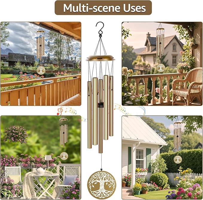 Sympathy Wind Chimes for Loss of Loved One, Memorial Windchimes for Lost Father Mother, Remembrance Bereavement Gift with Card, in Memory of Dad Mom Metal Funeral Decor for Garden Outdoor (39“ Gold)