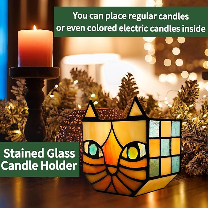 Tiffany Stained Glass Orange Cat Flower Pot,Handmade Cute Pots for Plants, Room and Office Decoration Glass Container Storage,Indoor Plant Pots with Drainage,Plant Gifts 4.6x3x5.15 in