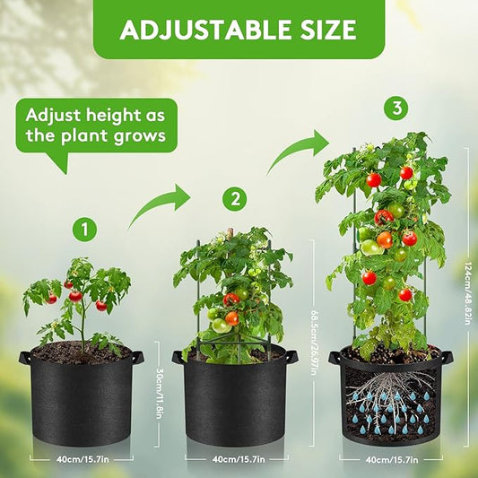 3 Pack Tomato Cage with 10 Gallon Grow Bags, 48" Height Adjustable Tomato Trellis with 65Ft Twist Tie, Heavy Duty Tomato Cages for Garden Flowers Vegetables Climbing Plants