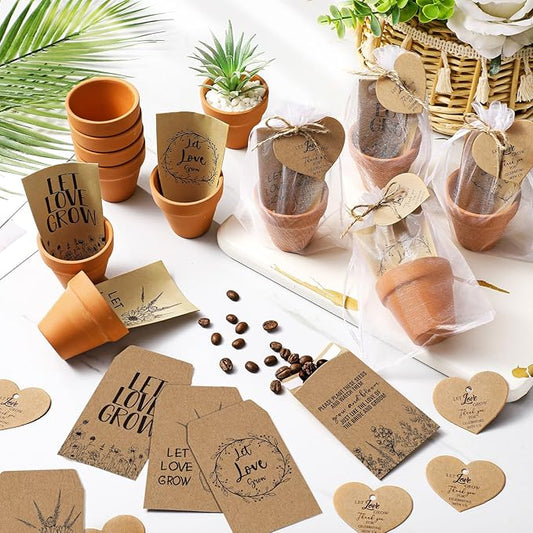 24 Sets Wedding Favor Flower Seeds Let Love Grow Seed Packets for Guests Family Reunion Wildflower Mini Terracotta Pots Seed Packets Self Adhesive Envelopes Thank You Tags Organza Bags