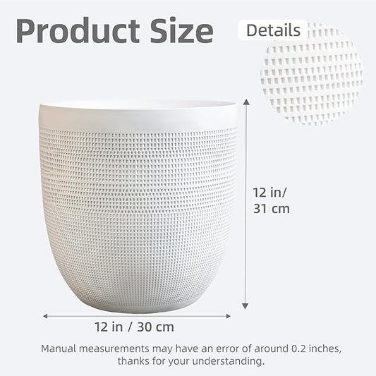 12" Dia Round Planter – White Matte Decorative Flower Pot with Drainage Hole, Lightweight Durable Indoor/Outdoor Plant Container for Home Patio Garden Porch, Modern Minimalist Design