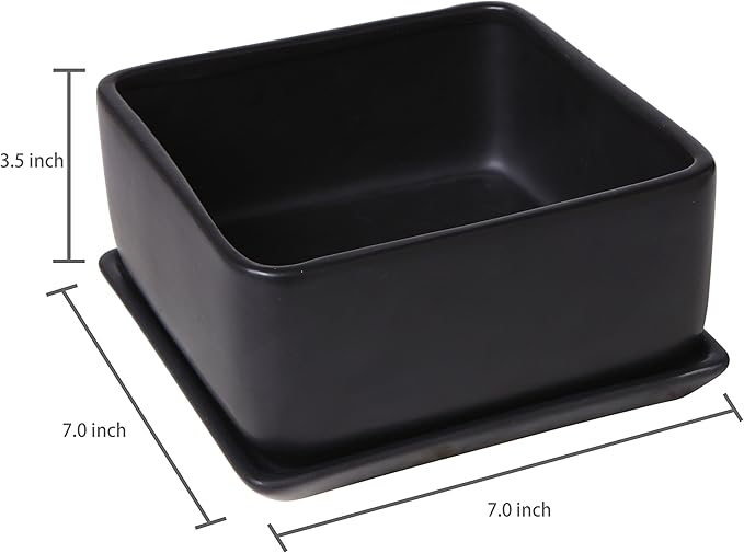 MyGift Modern Black Ceramic Square Indoor Small Planter, Flower Succulent Plant Pot with Drainage Hole and Removable Drip Tray