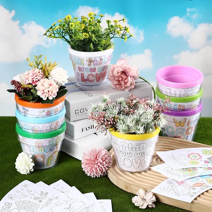 Meanplan 24 Pcs Bible Verse DIY Flower Pots Planters Religious Garden Painting Craft Kit 4'' Small Plastic Christian Spring Decorate Your Own Flower Plant Pot Easter Activities