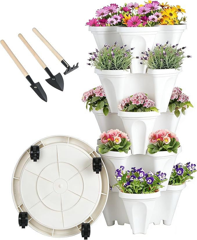 GameXcel Vertical Planter 5 Tier Stackable Planters Garden Planters Strawberry Herb Flower and Vegetable Planter Indoor Outdoor Gardening Pots with Removable Wheels and Tools White