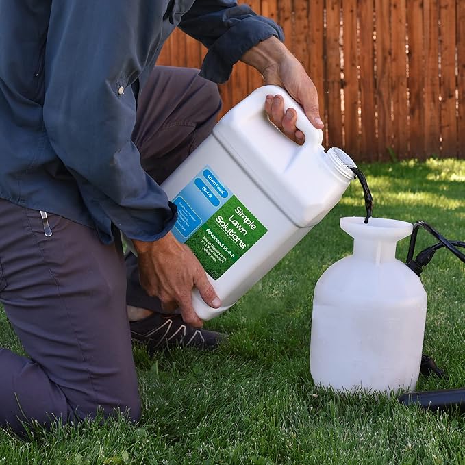 Advanced 16-4-8 Lawn Fertilizer - Liquid Lawn Food Spring & Summer Concentrated Spray - Any Grass Type- Fish and Seaweed Kelp- Balanced NPK - Simple Lawn Solutions (2.5 Gallons)