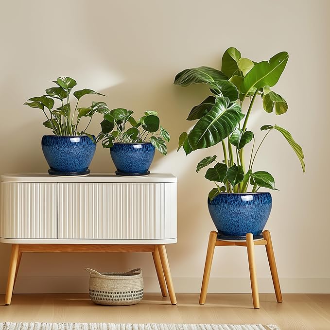 8 Inch Plant Pot - Ceramic Planter for Indoor Plants Outdoor, Round Planter with Drainage Hole and Saucer, Modern Decorative Flower Pots, Home Office Room Decor, Plant Lovers Gifts, Blue