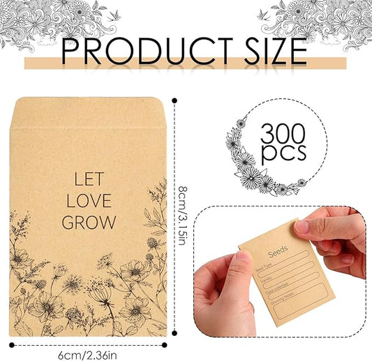 300 Pieces Seed Envelopes 3.15 x 2.36in Seed Packets Envelope with Preprinted Small Envelope Collecting Template for Flower Vegetable Seeds Storage