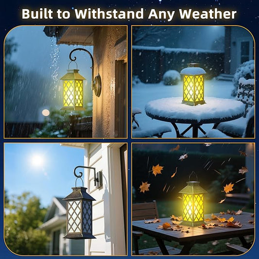 2 Pack 13" Solar Lanterns with Flickering Flame Candle, Outdoor Waterproof Hanging Lantern Lights Metal & Glass for Patio, Pathway, Garden Decorative, Gifts for Mom