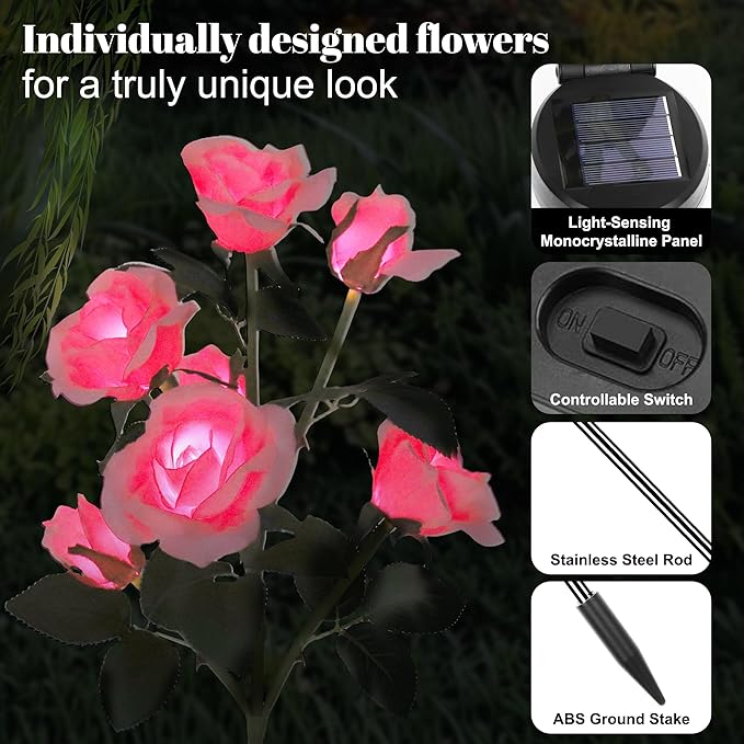 Solar Rose Lights Outdoor, 2 Pack with 14 Rose Flowers Waterproof Color Changing LED Flower Lights, Solar Powered Garden Stakes for Yard, Patio, Pathway Decor - Artificial Floral Decorative Lighting