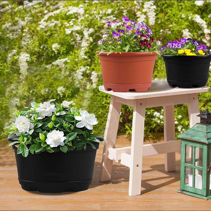 5 Pack 10.5 inch Plant Pots,Planter-Pots-for-Plants,Plastic Flower Pot for Indoor Outdoor Plants with Drainage Holes & Trays, Decorative Garden Containers Sets for Houseplants