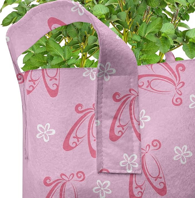 Ambesonne Ballet Grow Bags 5-Pack, Pointe Shoes with Flowers, Heavyduty Fabric Pots with Handles for Plants, Pink White