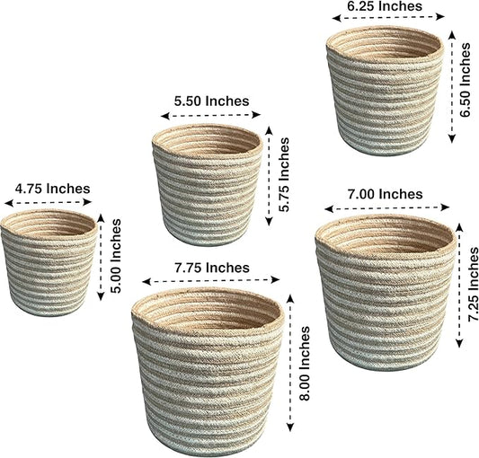 Planter Basket Set – 5-Piece Handwoven Jute Planter Basket for Home Decor, Nursery, or Indoor Plants (5'' to 8'' Diameter, 4.75'' to 7.75'' Height) – Wrinkle Free - Natural Beige with White Stripes