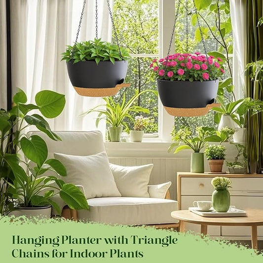 2 Pack 10 Inch Self Watering Hanging Planters for Indoor Plants, Large Black Brown Plastic Hanging Pots with Chains for Outdoor Patio Garden Home Decor (Black Brown)