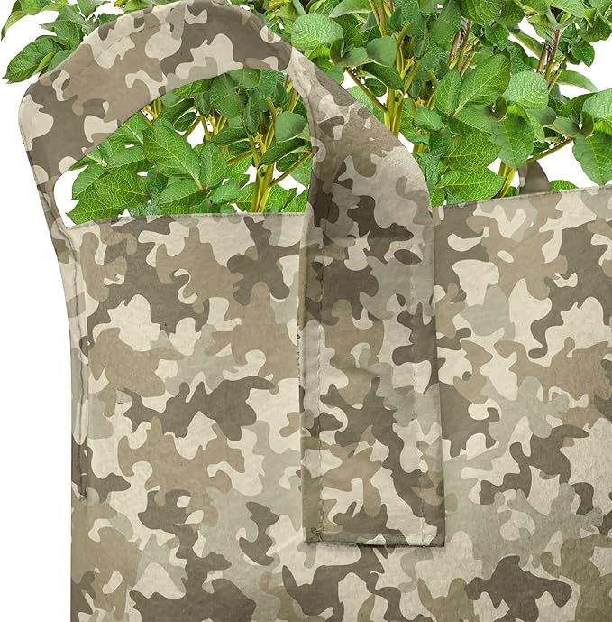 Ambesonne Camouflage Grow Bags 5-Pack, Faded Colors Classic, Heavyduty Fabric Pots with Handles for Plants, Khaki Green