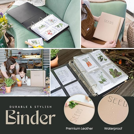 Seed Storage Binder – Seed Packet Organizer w/50 Sheet Protectors & Protective Flap-Top Inserts Stores 200 Envelopes Binder w/5 Dividers for Sorting Seeds & Gardening Supplies