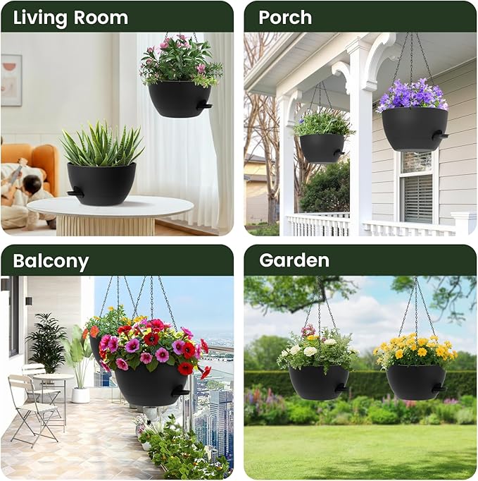 2 Pack 12 Hanging Flower Pots with Chains Self Watering Plastic Planters for Indoor Outdoor Plants, Sturdy Triangular Iron Chain Design for Garden PorchPlastic Hanging Flower pots (2, Black)