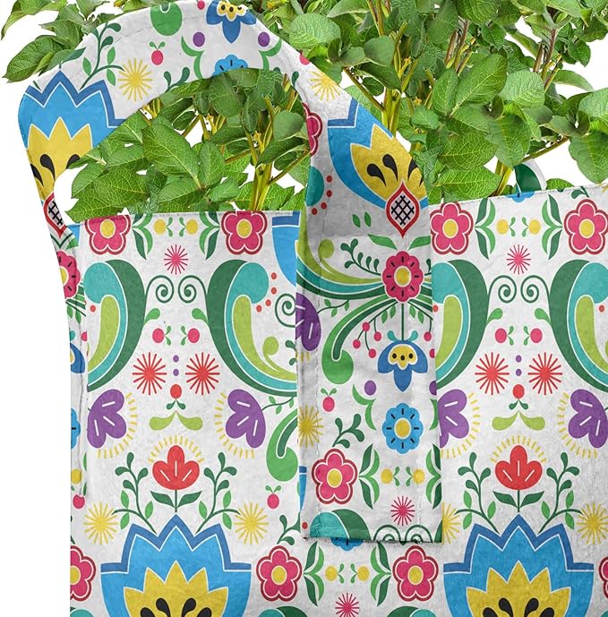 Ambesonne Norwegian Grow Bags 5-Pack, Folk Art Colorful Hues, Heavyduty Fabric Pots with Handles for Plants, Aqua Green