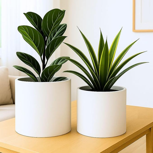 Fox & Fern 12" & 14.6" Large Planters (Set of 2) - Lightweight Fiberstone Matte White Plant Pots with Drainage Plug - Extra Large Planters for Indoor & Outdoor - Weather Resistant & UV Resistant
