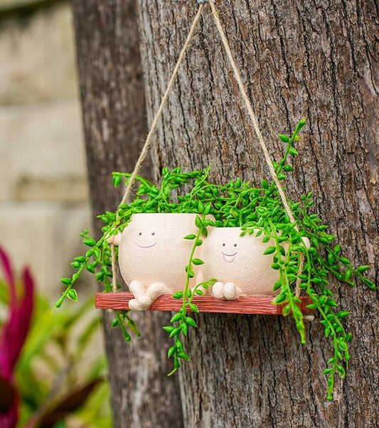 Cute Couple Swing Planter with Smiley Face,Couple Planter,Hanging Swing face Pot,Hanging Plant Pot for Indoor Outdoor Plants, (Khaki)