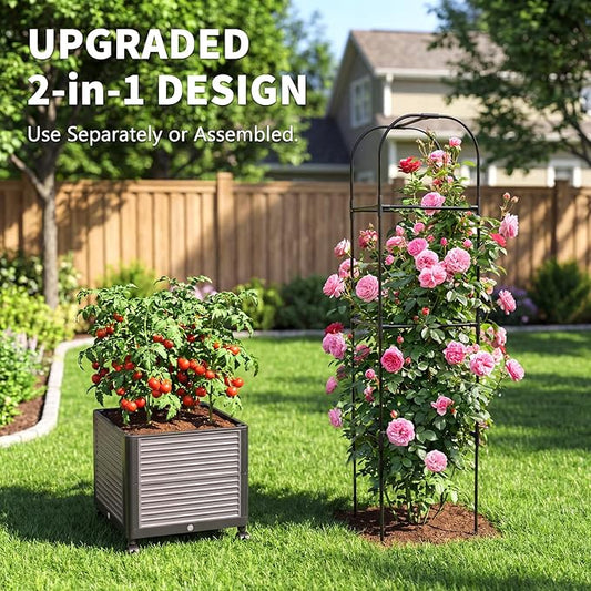 DoCred 60" H Raised Garden Bed Planter Box with Wheels, 2 Pack Tomato Cage Planter Raised Garden Bed with Trellis for Climbing Vegetables Plants Tomato Cage, Indoor Outdoor Use