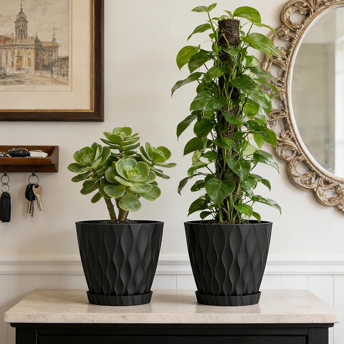 8 Inch Plant Pots, 2 Pack Plastic Planters for Indoor Outdoor with Drainage Holes & Saucers, Waffle Texture Flower Pots for Indoor Plants, Indoor Plant Pots for Monstera, Fiddle Leaf Fig, Black