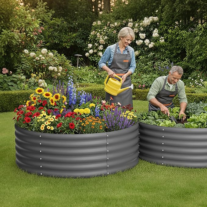DDK Galvanized Raised Garden Bed, Round Outdoor Planter Bed, 4x4x1.5ft Metal Planter Box for Gardening and Planting,DG