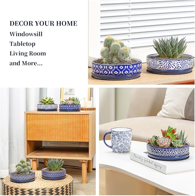 Selamica Ceramic Succulent Pots, Shallow Succulent Planters with Drainage Hole & Saucer, Indoor Plant Pots for Cactus, Home Decor,Vintage Blue,6 inch