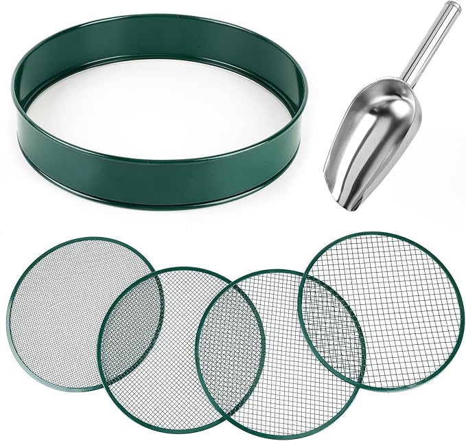 Soil Sifter for Gardening, 12" Green Soil Sifter Potting Sieve with Shovel and 4 Fine Screens for Sand Dirt, Sand, Rock, Filtration, Compost and Bonsai (5 IN1)