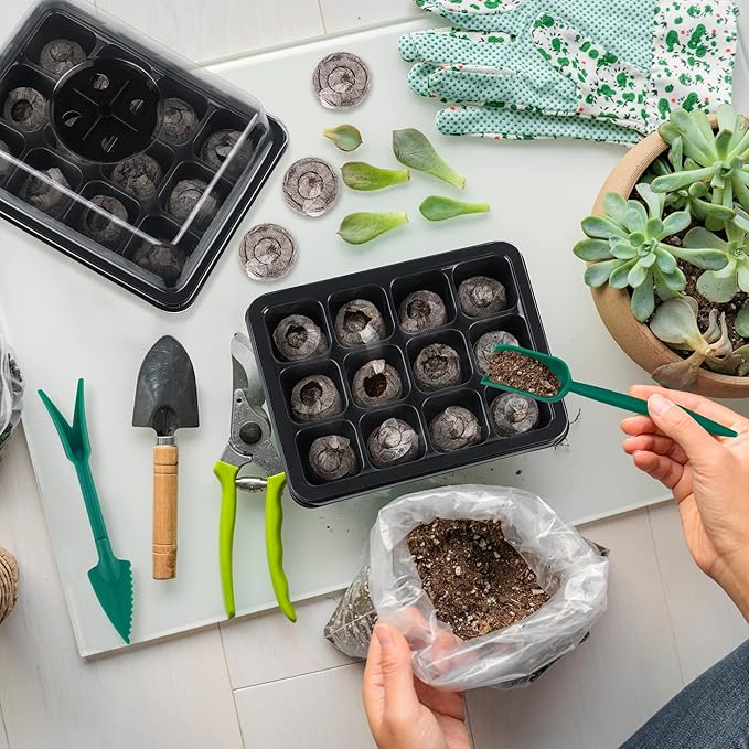 6 Pack 12-Cells Seed Starter Tray Kit with Humidity Dome and Base, Germination Tray Including Peat Pellets, Plant Labels, Tool, Plastic Plant Seedling Starter Trays for Indoor Outdoor, Black