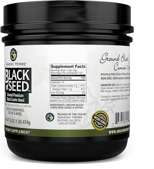 Amazing Herbs Premium Ground Black Cumin Seeds - Finely Ground Nigella Sativa, Gluten Free, Non GMO, Supports Cardiovascular Function & Preserves Digestive Health - 16 Oz