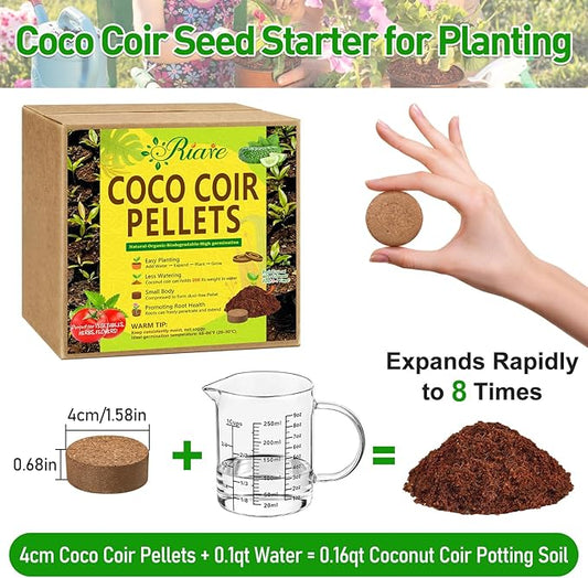 Riare 50 Pcs 40mm Organic Coco Coir Seed Starter Soil, Compressed Coconut Coir Potting Soil Mix for Seed Starting, Coconut Fiber Pellet for Planting Indoor & Outdoor Plants, Vegetables, Garden