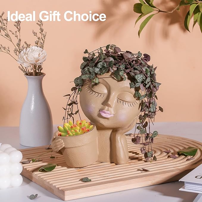 Face Planters Pots Head Planter for Indoor Outdoor Plants - Cute Plant Pots for Flower Succulent with Drainage Hole - Ideal Present Ideas(Khaki Lady)