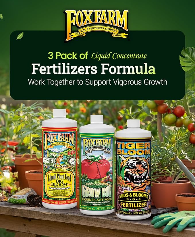 FoxFarm Soil Liquid Trio Pack - Big Bloom, Grow Big, Tiger Bloom Fertilizers for Vigorous Plant Growth, Bud Development & Abundant Fruit - Complete Liquid Plant Food Set - 3 Quart Bottles
