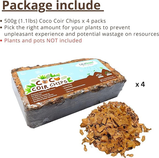LaLaGreen Coconut Coir Chips for Plants (500g, 4 Pack) Indoor Herb Garden Seedling and Plant, Outdoor Planting Soil Vegetable Flower Orchids, Organic Compressed Coco Fiber Husk Chips Brick Peat Moss