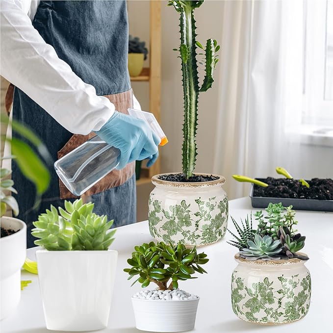 7.7" Large Ceramic Plant Pot Beige Green Vintage Floral Crackle Glaze Rustic Flowers Pot Decorative Planter with Drainage for Indoor Outdoor Plants Home Kitchen Office Decor Gift