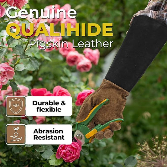 HANDLANDY Long Gardening Gloves for Men & Women, Pigskin Leather Rose Pruning Gloves, Breathable Thorn Proof Gauntlet Glove (Brown-Pigskin, S)