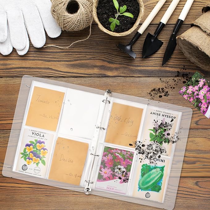 Seed Packet Organizer Kit - 100Pcs Seed Saving Envelopes, 25Pack Clear Sleeves (4 Pockets Each, Slot Size 3.9" x 5.2"), Fit for Standard Seed Packets, and 1x 4-Ring Binder Included-Blue