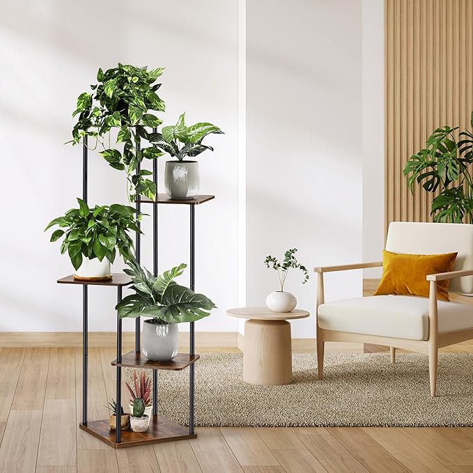 5 Tier Plant Stand Indoor Outdoor, Wood Metal Corner Shelf, Multiple Flower Pot Rack Holder Shelves, Planter Shelf Display Storage Organizer for Patio Living Room Balcony (Black)