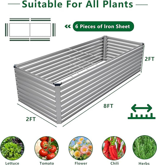 8x2x2FT Galvanized Raised Garden Bed Kit,Vegetable Plant Boxes-Rectangle Metal Flower Box,Large Planter Raised Beds Outdoor Garden for Planting,Fruit,Herb-Silver
