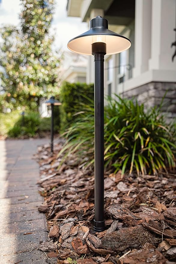 VOLT Flat Hat 12V Black Brass Path Light (7" Shade, 24" Tall) with 3W 2700K Warm White G4 LED Bulb for Low Voltage Landscape Lighting on Outdoor Pathway, Walkway, Garden, Driveway or Patio