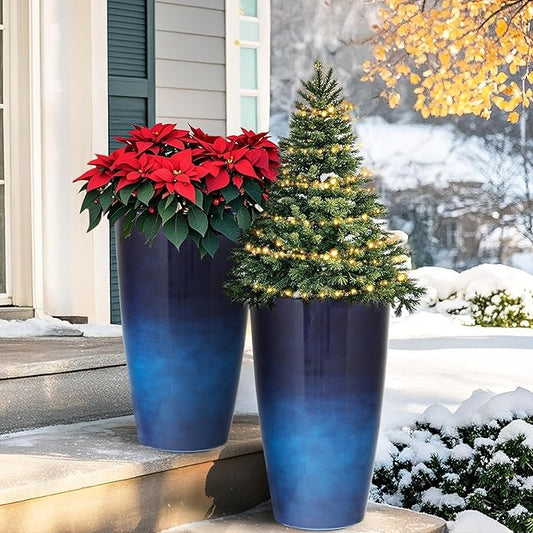 22.8" H Gradient Blue Planters for Outdoor Plants, Set of 2 Large Flower Pot with Drainage Hole, Weather-Resistant for Porch,Garden,Patio or Indoor Use