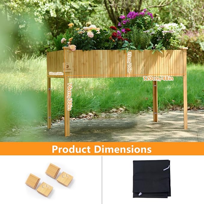 Bamboo Raised Garden Beds Outdoor, Raised Garden Bed with Legs, Elevated Bamboo Planter Box, Standing Growing Bed for Growing Fresh Herbs, Vegetables, Succulents, Flowers (48x25x30 Inch)