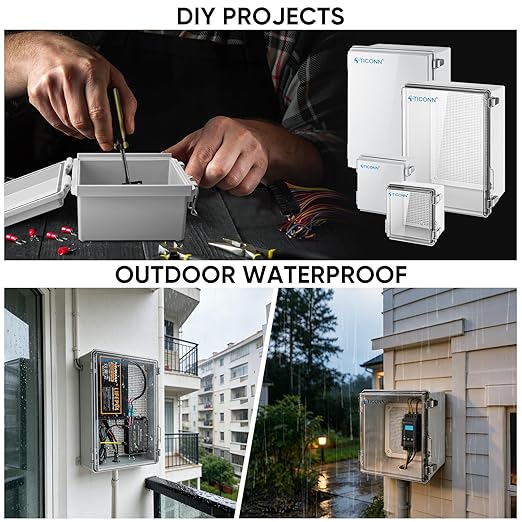 TICONN Outdoor Electrical Box Waterproof, Junction Box IP67 ABS Plastic Enclosure with Hinged Cover with Mounting Plate, Wall Brackets, Cable Glands (Off-White, 10.2"x6.3"x3.9")