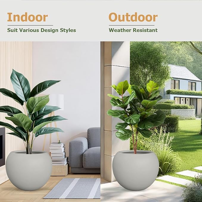 9.7"H x 12"D Globo Fiberstone Round Planter with Drainage Hole, Smooth Finishes, Weather Resistant for Indoor & Outdoor Use, Included 2 Extra Coco Mats (Light French Gray, 7.8" Pot Opening)