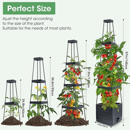 MQUPIN Tomato Planter Box with Trellis for Garden, 57 Inch Self-Watering Raised Garden Bed, Patio Tomato Cage for Climbing Vegetables & Flowers, Upgraded Tomato Pot for Indoor Outdoor Use(1 Pack)