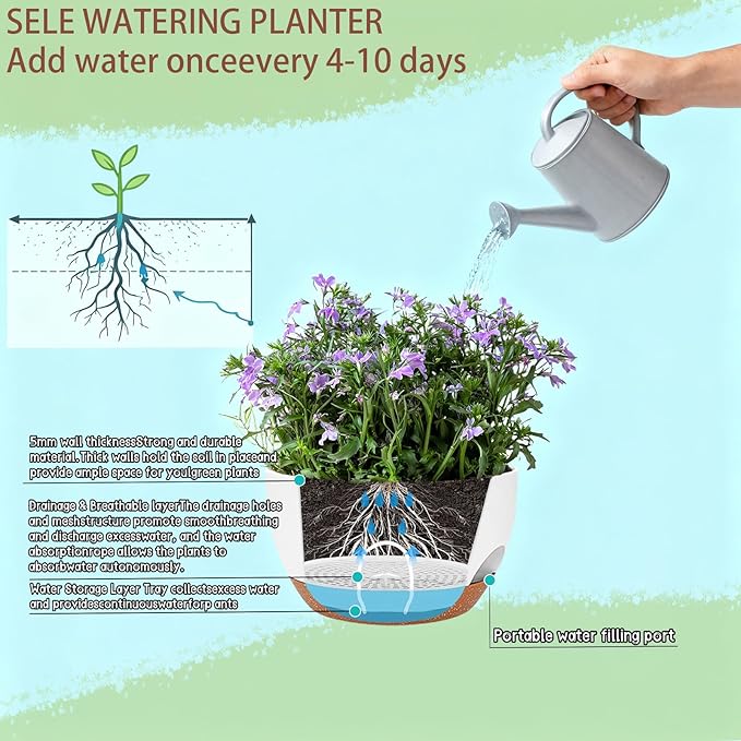 Set of 2-8 Inch Self Watering Hanging Planters for Indoor Outdoor,Hanging Plant Pots with Drainage & Removable Tray, Hanging Pots Holder for Ivy, Pothos, Ferns, Balcony & Patio, White Brown