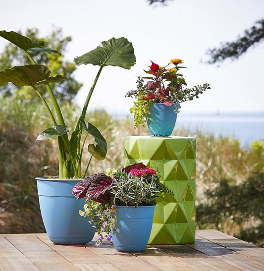 Bloem Dayton Planter with Saucer: 12" - Ocean Blue - 100% Recycled Plastic Pot, Removable Saucer, Elevated Feet, for Indoor and Outdoor Use, Gardening, 3 Gallon Capacity