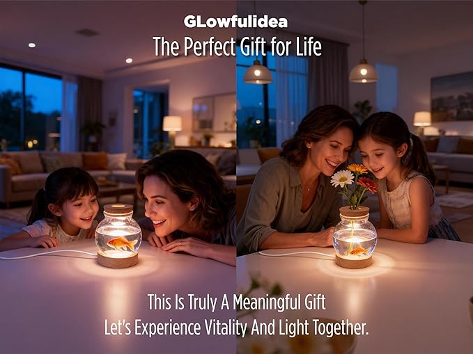 Plant Propagation Station with Light, Glass Planter Station with Waterproof Lighted Wooden Base, Desktop Hydroponic Plants Terrarium, Round Glass Planter for Home Decor & Office Decor