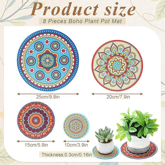Nuanchu 8 Pieces Boho Plant Pot Mat 4 Size 3.94" 5.9" 7.87" 9.84" Rubber Absorbent Non Slip Pot House Indoor Plant Coasters Round Pad Gardening Outdoor Flower Protect Mat for Table Desk Floor
